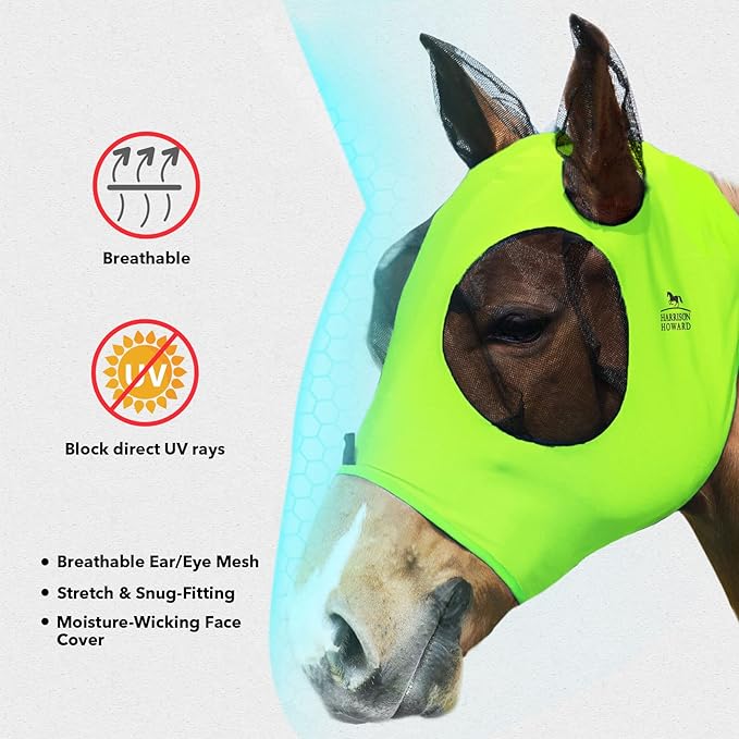 Harrison Howard Super Comfort Stretchy Fly Mask Large Eye Space with UV Protection Soft on Skin with Breathability Fluro Lime M Cob