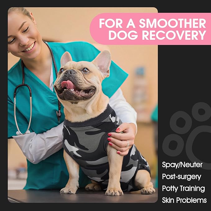 FUAMEY Dog Recovery Suit Male,Dogs Surgery Neuter Suits Puppy Spay Shirts for Female Protect Dog's Skin Anti Licking Abdominal Wounds Doggie Onesie Pet Bodysuit Alternative to Cone Grey Camouflage L