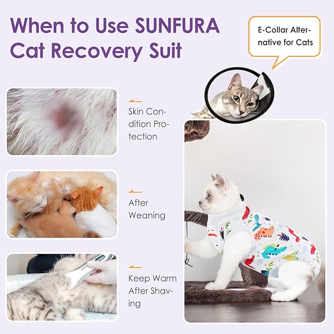 SUNFURA Cat Recovery Suit, Kitten Surgical Full Bodysuit for Abdominal Wound Protector Anti Licking After Surgery, Professional Bandages Cone E-Collar Alternative for Small Male & Female Pets
