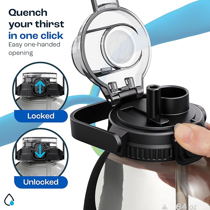 AQUAFIT 64 oz Water Bottle with Time Marker - 2in1 Straw & Chug Lid - BPA Free Big Water Bottle with Straw - Gym Water Bottle with Strap - Water Jug (64 Ounces, Midnight Gray)