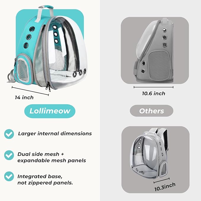 Lollimeow Cat Carrier Backpack, Bubble Expandable Backpack Carrier, Pets and Small Dogs,Airline-Approved, Designed for Travel, Hiking, Walking & Outdoor Use (Front Expandable-Green)