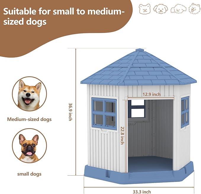 DRATO Dog House Indoor Outdoor Durable Large Dog Shelter with Outside Dog Kennel with Window and Elevated Floor for Small Medium Dogs (Blue, 34.8 * 30.51 * 36.89)