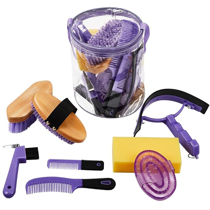 9 Pieces Horse Grooming Kit Tack Room Supplies Set with Organizer Tote Bag, Oval Massage Curry, Hard and Soft Brush, Hoof Pick, Sweat Scraper, Bathing Sponge, Combs for Horse Riders Beginners (Purple)