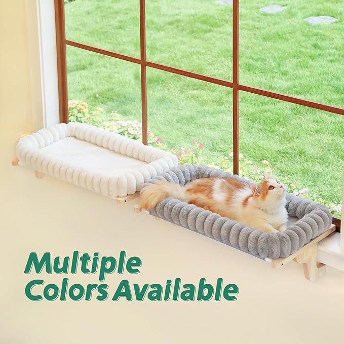 SnugCloud Cat Window Perch with 4-Sided Bolster - Orthopedic Cat Hammock for Window Sill - Solid Hardwood & Metal Frame - Window Seat for Pets (Natural Color Wood w/White Bed, Large)