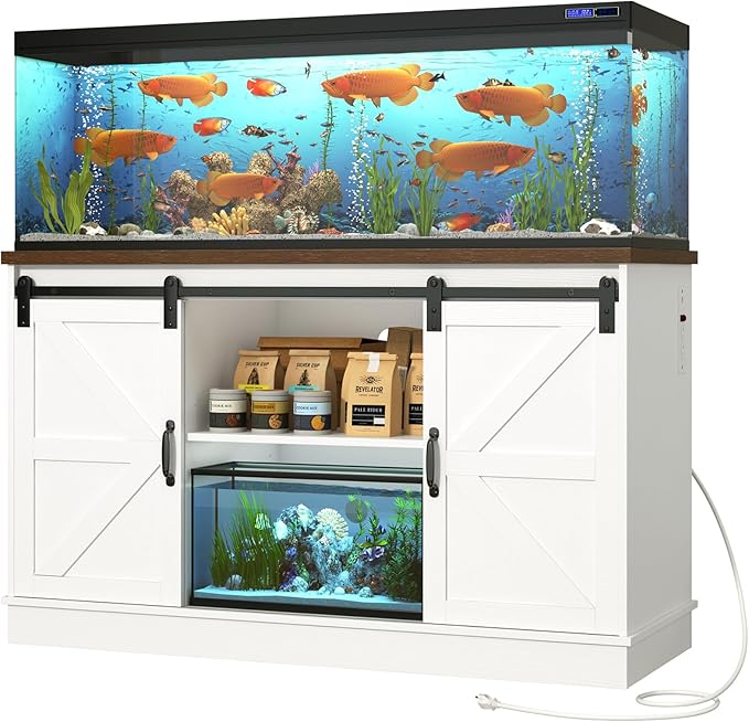Farmhouse 55-75 Gallon Fish Tank Stand with Power Outlet, Aquarium Stand with Cabinet&Sliding Barn Door, Heavy Duty Reptile Tank Stand for 2 Fish Tank/Turtle Tank/Reptile Terrarium, White