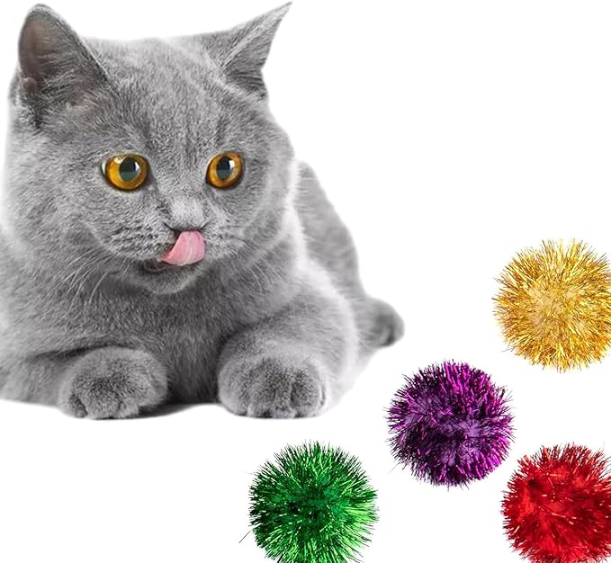 AUEAR, 12 Pack 2 Inch Sparkle Ball Shiny Glitter Tinsel Pom Poms Interactive Cat Balls for Kittens (4 Colors, 12 Inch-12 Pack)