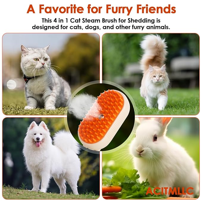 4 in 1 Cat Steam Brush for Shedding, Cleaning, Massage & Smooth, USB Rechargeable Pet Spray Hair Removal Comb, for Indoor Long/Short Haired Cats & Dogs (White)