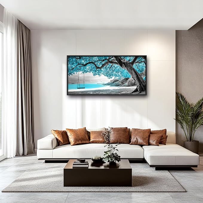 Extra Large Framed Abstract Tree Wall Art,Black and White Tree of Life Wall Decor,Blue Teal Sea Pictures for Living Room,Canvas Print Painting Modern Artwork Bedroom Office Bathroom 60L x 30W