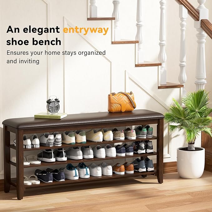 Entryway Shoe Storage Bench with Leather Cushion, Shoe Organizer Bench for Entryway, Ideal for Hallways Front Doors Entrances Mudrooms Featuring Rubberwood And 3 Height-Adjustable and Removable Shelve