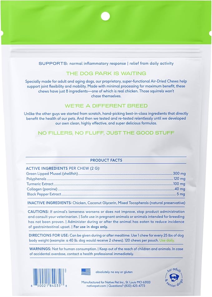 Native Pet Pain Relief for Dogs - Collagen for Dogs Promotes Joint Health, Reduce Inflammation & Stiffness - Senior Pup Joint Supplement - Natural Pain Reliever for Active & Aging Pets - 120 Chews
