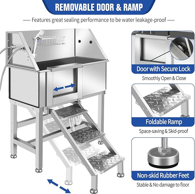 Dog Washing Station 38'' Stainless Steel Pet Grooming Tub for Large Dogs Over-Size Professional Dog Grooming Bathtub Station Wash Shower Sink Pet Grooming Bathtub Station