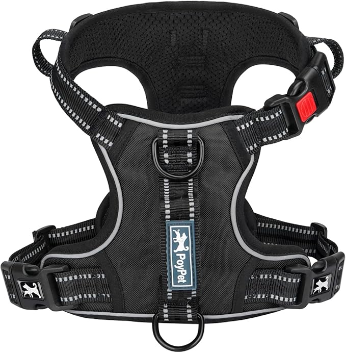 PoyPet No Pull Dog Harness, No Choke Front Clip Reflective Dog Vest with Soft Padded Vertical Handle, 3 Leash Attachments for Small Medium Large Dogs (Black,L)