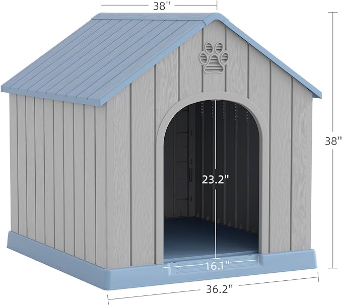 Large Dog House Outdoor Indoor for Medium Large Dogs, Durable Plastic Waterproof Doghouse with Air Vents and Elevated Floor, Easy Clean and Assemble (Blue, 36.2''L×38''W×38''H)