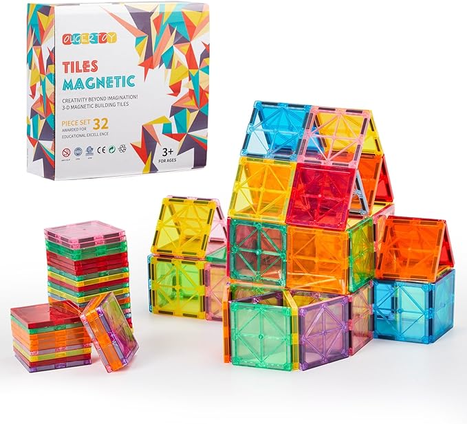 32-Pack Magnetic Tiles–Rainbow Builder Set, 2.95in STEM Construction Kit with Transparent Windows, Expand Creative Play for Kids