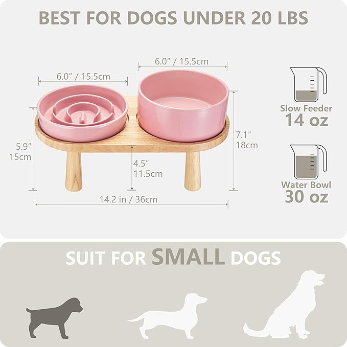 Ceramic Slow Feeder and Water Bowl Set for Small Dogs, Ceramic Dog Bowls Elevated with Wooden Stand, 0.6 Cups Dog Slow Feeder(14oz) and 30oz Water Bowl Set, Pink