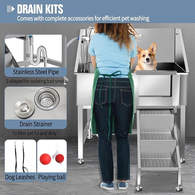 38" Pet Dog Bathing Station W/Ramp, Professional Stainless Steel Dog Grooming Tub W/Floor Grate, Faucet, Dog Bathtub for Large,Medium, Small Pets, Washing Sink for Home,R-RAMP