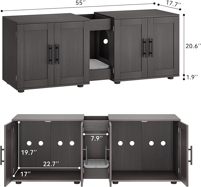 Gaomon Litter Box Enclosure with Double Room,Cat Hidden Litter Box Enclosure Furniture for 2 Cats with Double Room, 55”L x 17.7”W x 22.5”H Cat House,Wooden Enclosed Cat Litter Box Furniture,Walnut