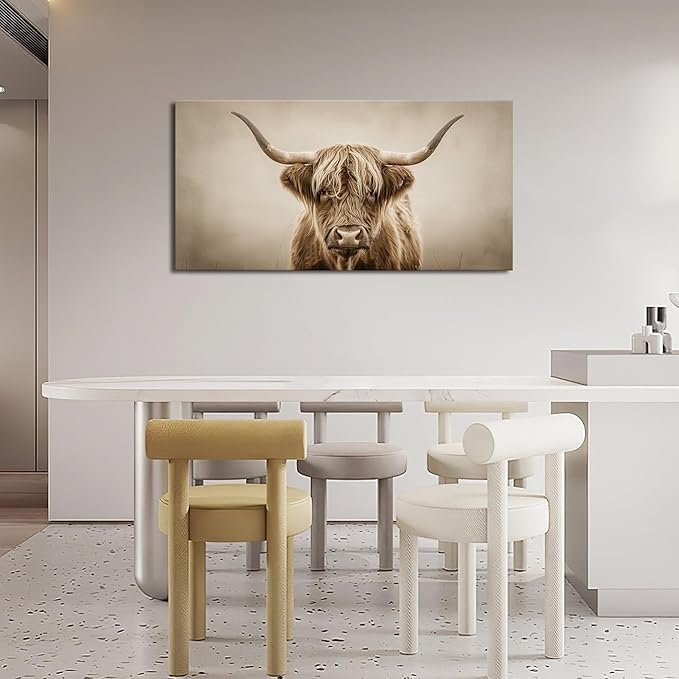 Large Highland Cow Wall Art Farmhouse Country Extra Canvas Living Room Oversize Western Cattle Wall Decor Pictures Framed Prints Animal Painting Artwork for Bedroom Dining 60"x30"