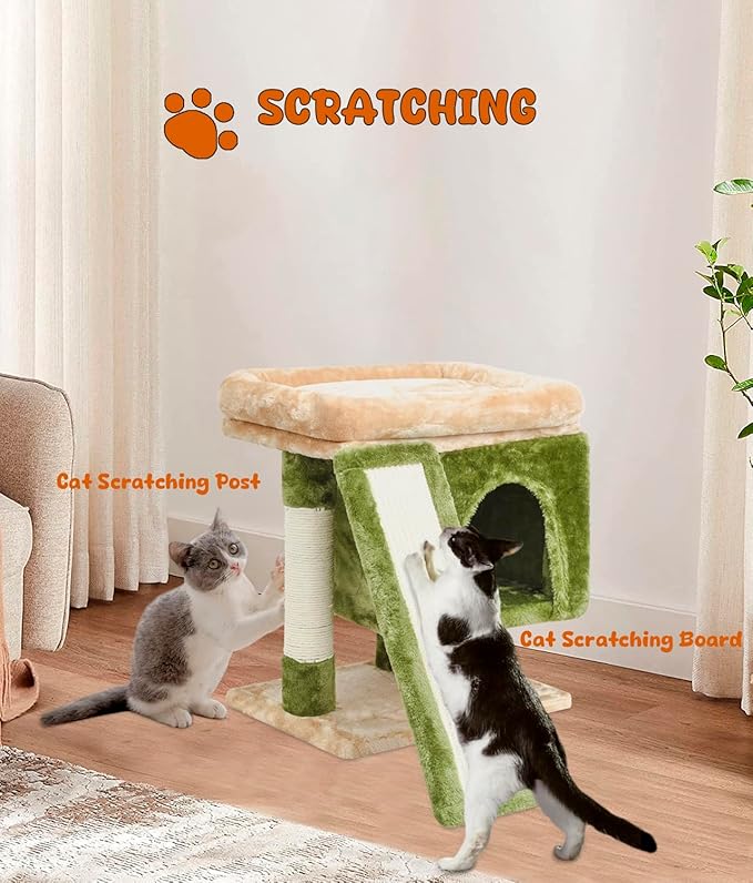 SYANDLVY Small Cat Tree for Indoor Cats, Cat Tower with Scratching Post, Modern Activity House for Large Cats, Condo with Board, Kittens Cave