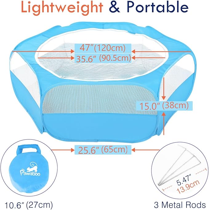 Pawaboo Small Animals Playpen, Waterproof Small Pet Cage Tent with Zippered Cover, Portable Outdoor Yard Fence with 3 Metal Rod for Chick/Kitten/Puppy/Guinea Pig/Rabbits/Hamster/Chinchillas,Light Blue