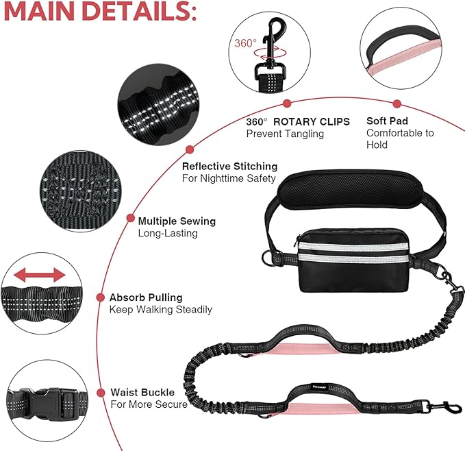 Hands Free Dog Leash, Waist Leash for Dog Walking 2 Dogs, Double Dog Leash for Two Dogs with Padded Handles, Dog Leashes for Medium and Large Dogs, Dog Walking Accessories,Tangle Free,No Pull