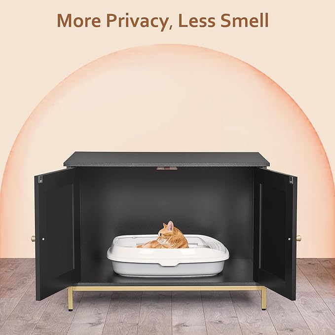 Homhedy Cat Litter Box Enclosure, Cat Washroom Furniture with Metal Frame, Pet House, Fit Most of Litter Box, Modern Style, Black and Gold