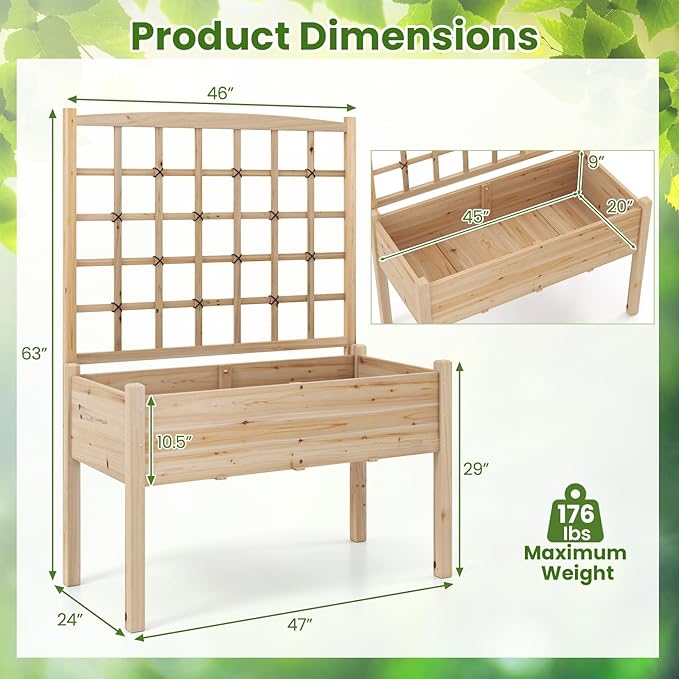 Giantex Raised Garden Bed with Trellis, Wooden Elevated Planter Box with Legs, Drainage Holes for Climbing Plants Vines Vegetables Flowers Herbs, Outdoor Horticulture Planter for Patio Yard (Natural)