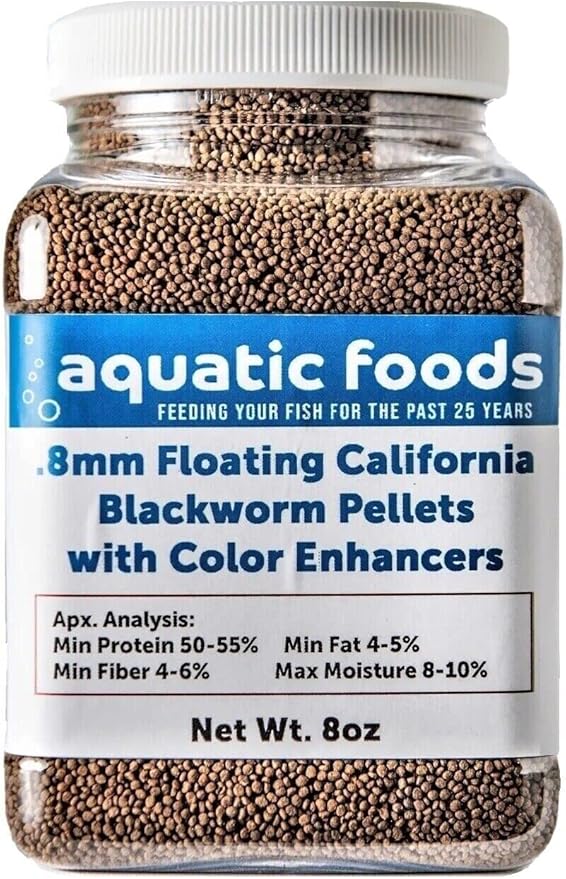 Aquatic Foods Inc. Blackworm Micro .8mm Floating Pellets with Color Enhancers & Vitamins for Discus, Guppies, Tetras, Live Bearers, Baby Cichlids, Baby Koi, All Tropical and Pond Fish...8oz Jar