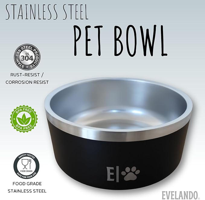 EVELANDO® Premium Dog Food Bowl 32 oz Stainless Steel 4 Cups Small Medium Dog Bowls Non Slip & BPA-Free S M L Pet Water Bowl Platos para Perros Indoor Outdoor Pet Dish Feeder Water and Food Dish