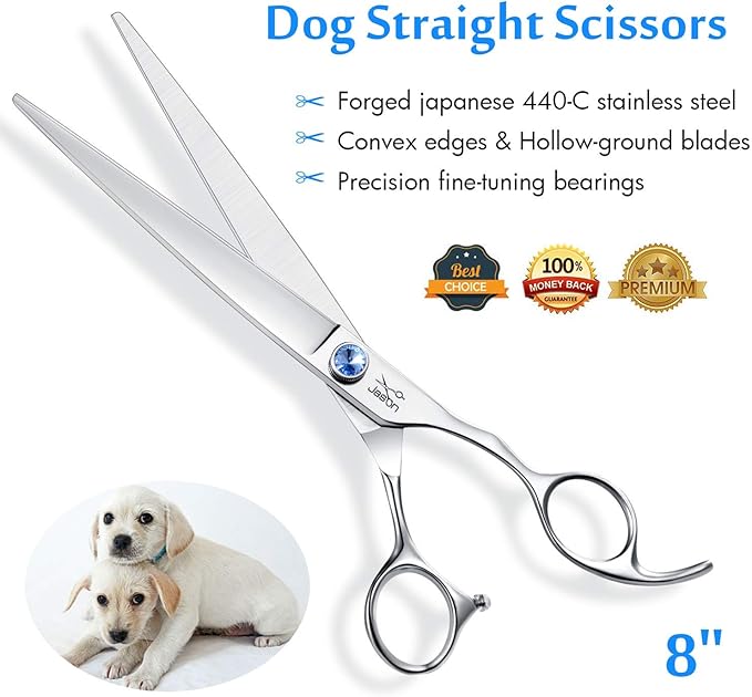 JASON 8" Straight Dog Grooming Scissors Long Pets Grooming Shears Premium Cats Trimming Kit with Offset Handle and a Jewelled Screw Sharp Comfortable