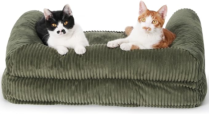FUKUMARU Dog Couch Bed, Corduroy Cozy Cat Bed for Indoor Cats with Washable Cover, Supportive Waterproof Dog Beds Sofa for Small Dogs and Large Cats Cute, 28inch, Medium, Green