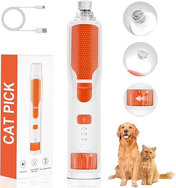 Dog Nail Grinder 7-Speed & 360° LED Light, Professional Pet Nail Grinder for Dogs and Cats, Electric Dog Nail Trimmer Painless Paws Grooming & Smoothing Tool for Large Medium Small Dogs Cats Pets