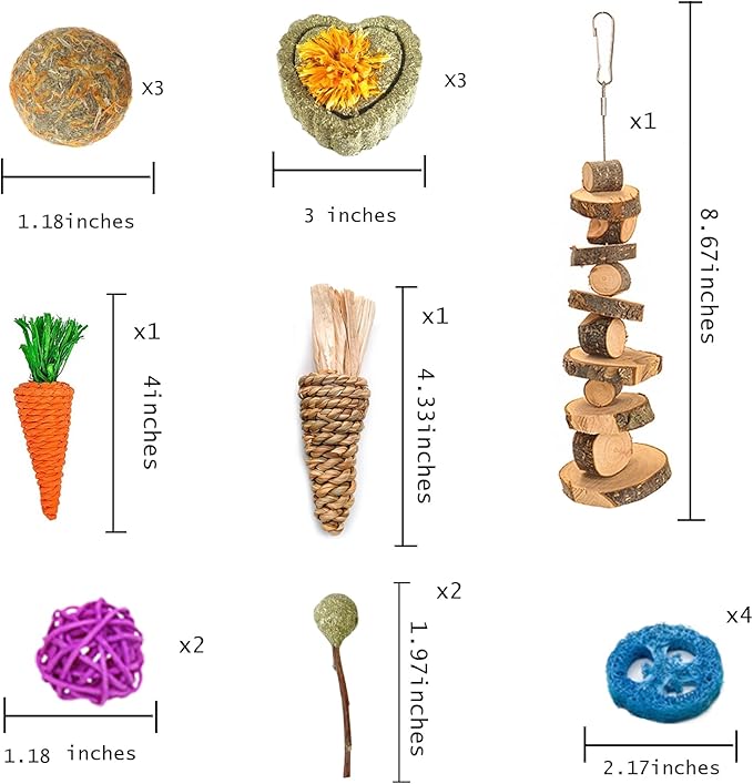 Grddaef 18 PCS Bunny Toys, Rabbit Toys Guinea Pig Toy Natural Apple Wood Grass Timothy Sticks Chew and Treat for Guinea Pigs Hamster Chinchillas