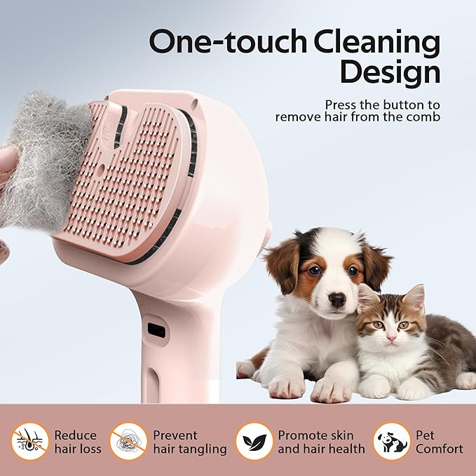 Pet Grooming Brush with Electronic Mist Spray - Gentle Deshedding Tool for Cats & Dogs, Pet Steam Brush，Reduces Shedding, Soft Bristles, Promotes Healthy Coat-Comes with a hair smoothing comb-Red