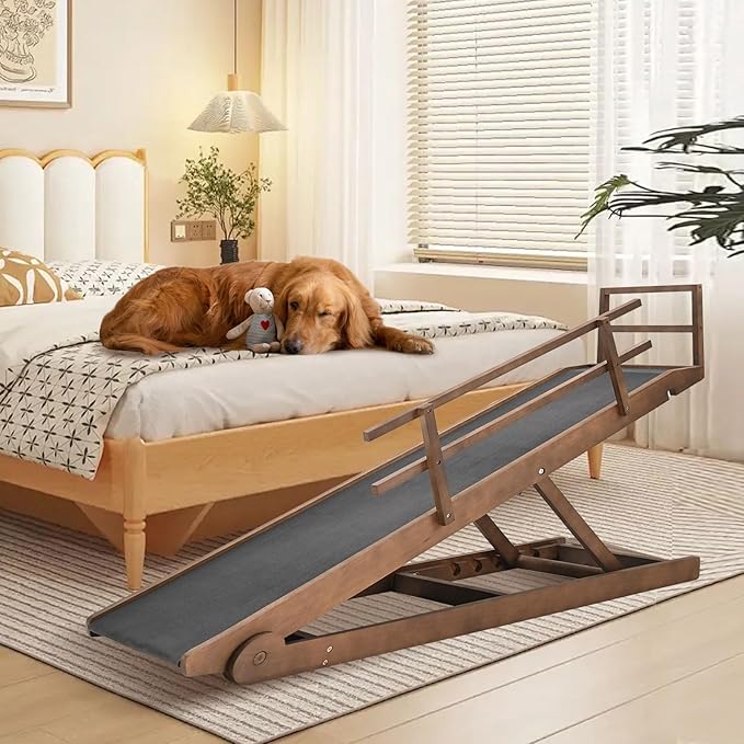 Dog Ramp, 5 Level Adjustable Height Folding Pet Ramp for High Bed, Portable Paw Ramps Large Bed Ramp for Medium & Large Old Dogs & Cats - Natural Wood Furniture Quality