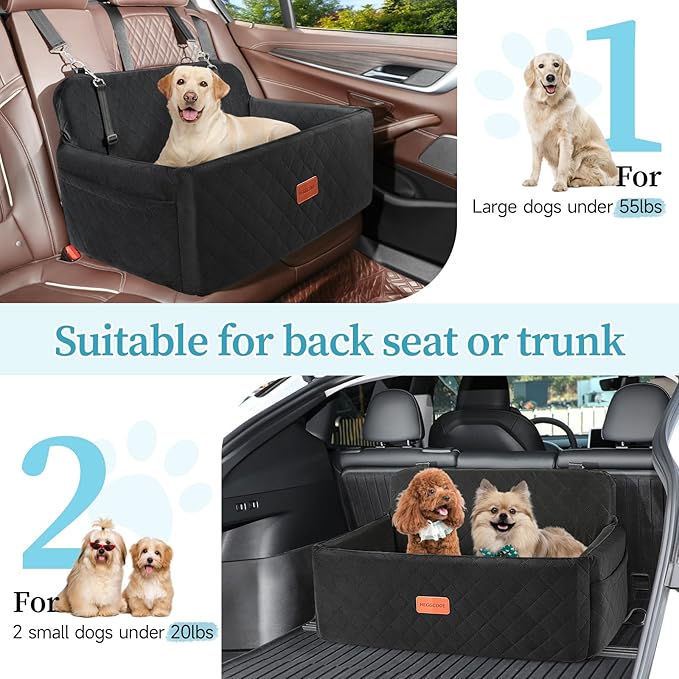 Dog Car Seat for Medium/Large Dogs, Pet Booster Seat for Under 55 lbs or 2 Small Dogs, Detachable & Washable Dog Car Bed for Backseat with 2 Safety Leashes(Black)
