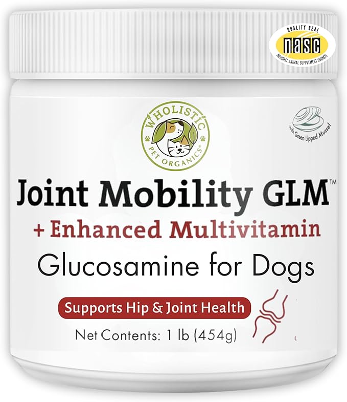 Wholistic Pet Organics Joint Mobility GLM - 1 Lb - Glucosamine for Dogs Chondroitin Supplement Green Lipped Mussels - Joint Supplement for Dogs - Arthritis Pain Reliever for Large & Small Breeds