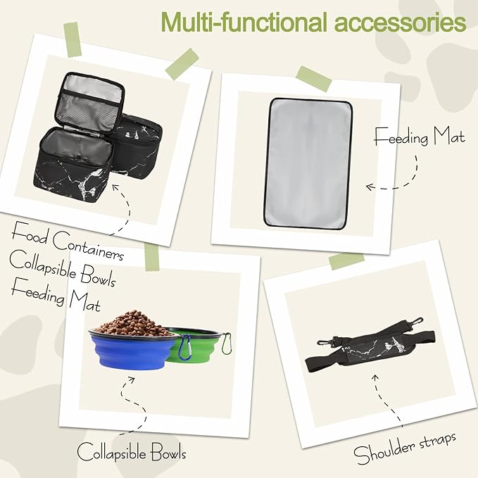 Dog Travel Bag,Weekend Pet Travel bag Set for Dog and Cat,Airline Approved Tote Multi-Function Dog Bags for Traveling,Include 2 Collapsible Bowls,2 Food Storage Containers,1 Feeding Mat,Marble