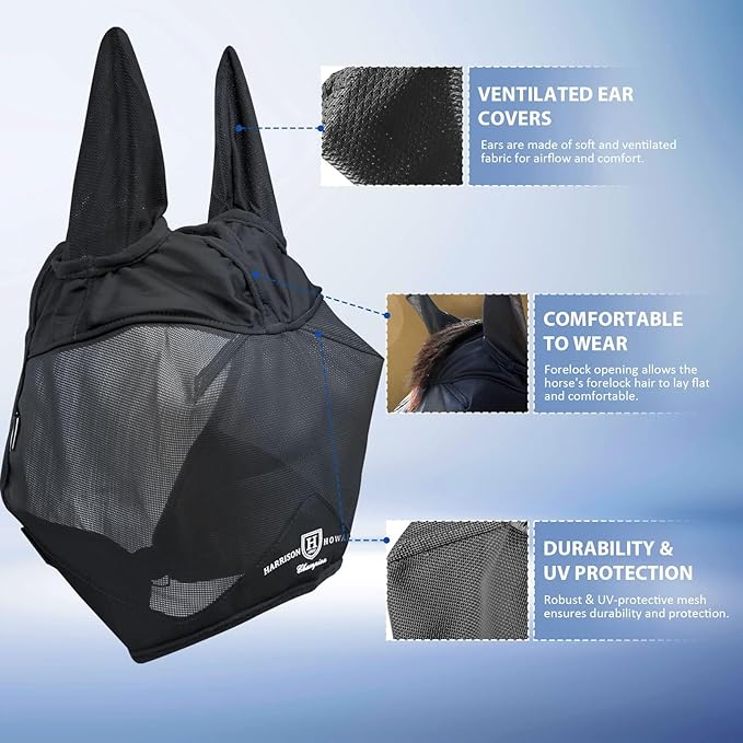 Harrison Howard UV-proof Multi-Function Fabrics Thick Fleece Padding Horse Fly Mask Half Face with Ears Black Arabian Medium
