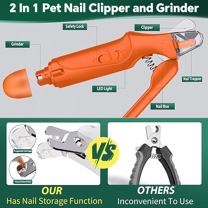 2-in-1 Cat Nail Clippers & Dog Nail Clippers Trimmers for Large Medium Small Dogs Cats Claw Trimmer Quick Sensor and Safety Guard USB Rechargeable with 2 LED Lights Dogs Nail Trimmer