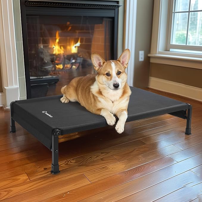 Veehoo Cooling Outdoor Dog Bed, Heavy Duty Elevated Pet Bed with Washable & Breathable Teslin Mesh, Non-Slip Silicon Feet, Dog Cot Bed with Support Hem, 35" x 22", Black, CWC2433
