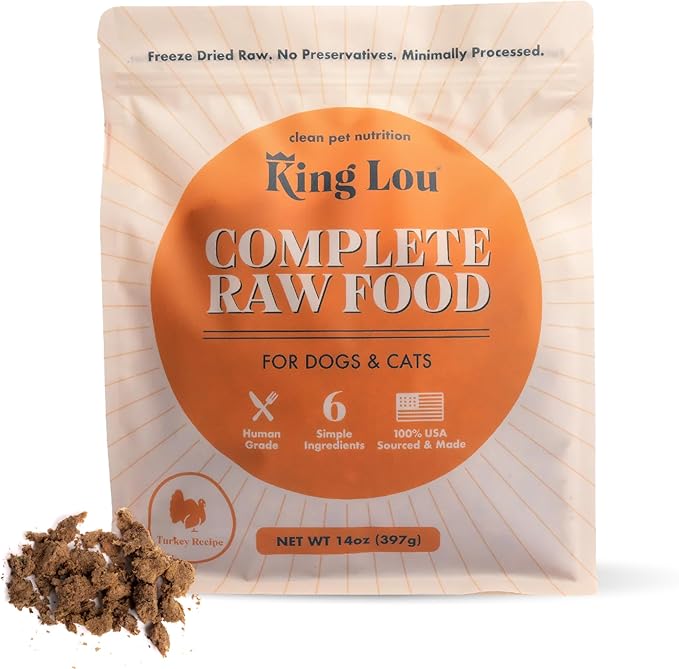 King Lou Pets - Human Grade Raw Food for Dogs and Cats - Complete Meal for Pets - Freeze Dried Turkey Recipe - 14oz