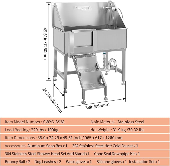 38 Inch Dog Bathing Station for Large Dogs, Stainless Steel Dog Pet Washing Station, Professional Dog Grooming Tub, Pet Wash Bath Station,Left Door