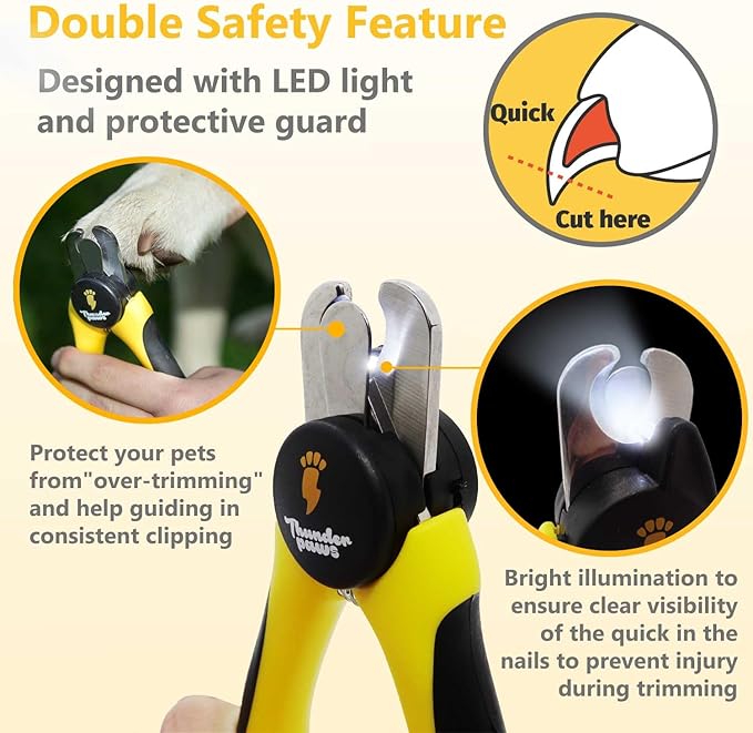 LED Dog Nail Clippers with Light, Trimmers with Protective Guard, Quick Sensor, Safety Lock and Nail File - Suitable for Large and Small Dogs & Cats (Yellow, LED)