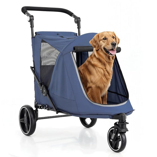 Magshion Pet Stroller for Medium Dogs w/Adjustable Handle, 3-Wheel Dog Cat Wagon w/Dual Entry, Rear Storage, Breathable Mesh, One-Foot Brake, Ideal for Large Pets up to 55 lbs, Navy Blue