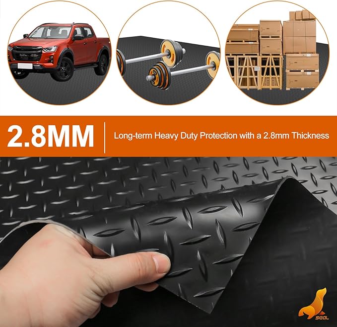 SEAL 5 x 10 Ft Premium Garage Floor Mat, Solid 2.8mm Thickened Black Commercial Grade Heavy Duty Parking Mat for Garage Floor, Golf Cart, Water/Stain Resistant Floor Runner (Embossed Diamond Plate)