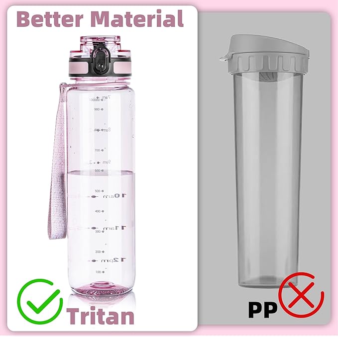 OLDLEY 32 oz Water Bottle, Motivational Water Bottle with Time Marker, Sports Water Bottle With Strap, Leakproof & BPA Free Large Water Bottles for School, Gym, Travel, Tritan, Transparent Pink