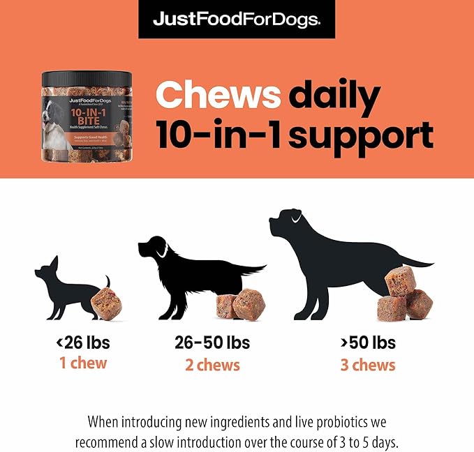 JustFoodForDogs 10-in-1 Multifunctional Supplement Chews for Dogs, Superfood Blend, Glucosamine, Omega-3 Fatty Acids, Skin Health, Joint Health, Probiotics, Plant-Based, Human Grade - 45 Count