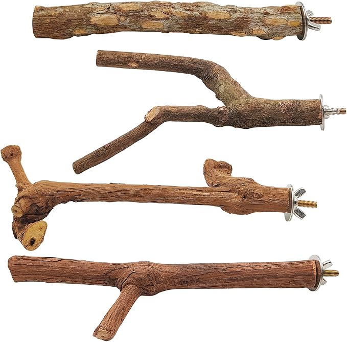 4 Pcs Natural Wooden Bird Perch Parrot Stand, 2 Grape Wood Perches, A Stand Fork Standing Branch, A Paw Grinding Fork, Bird Cage Accessories for Parakeets, Birdcage Sticks & Toys for Budgies, Finches
