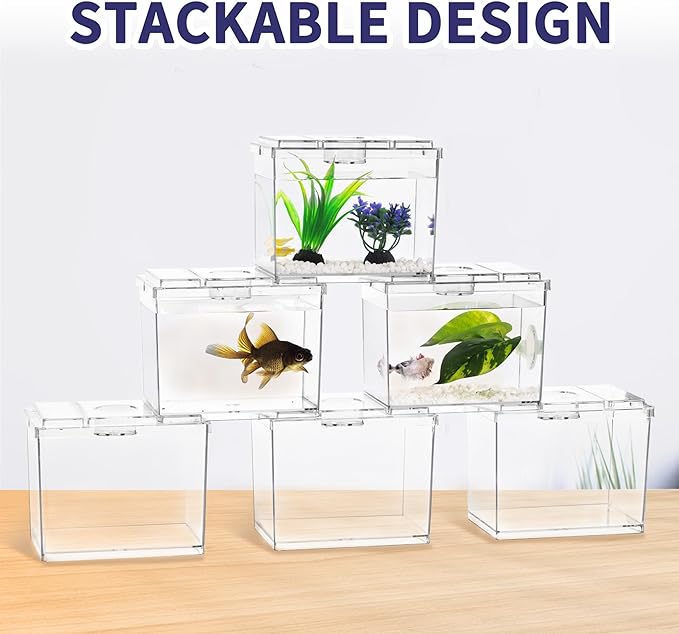 Mini Betta Fish Tank, Small Fish Bowl for Temporary Space, 0.2 Gallon Stackable Cube Tank with Betta Leaf and Gravels for Small Fish, Insect, Shrimp, Crab, Spider.(Pack-1)